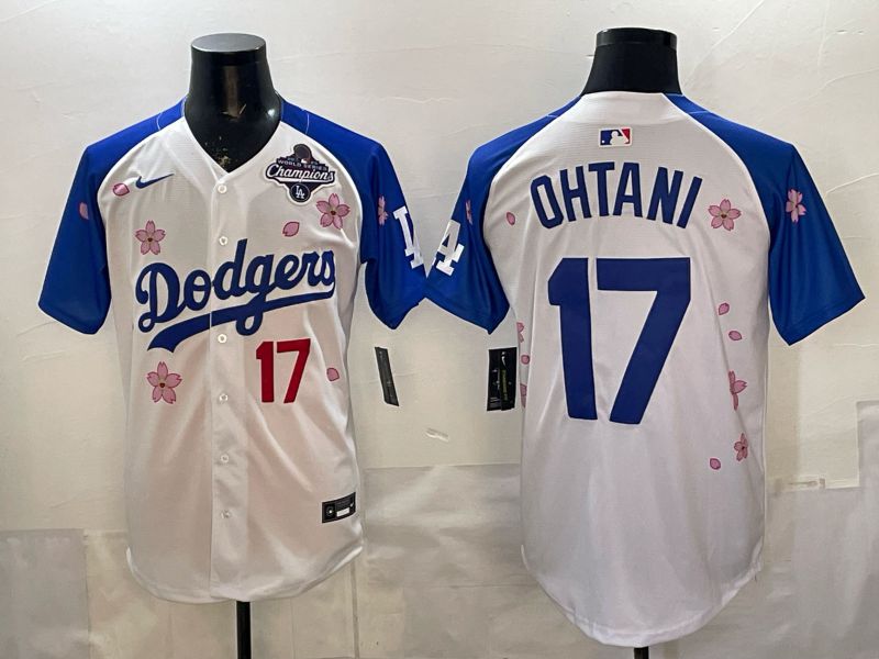Men Nike 2026 Los Angeles Dodgers #17 Ohtani White Blue Sakura Edition Game MLB Jersey 12082